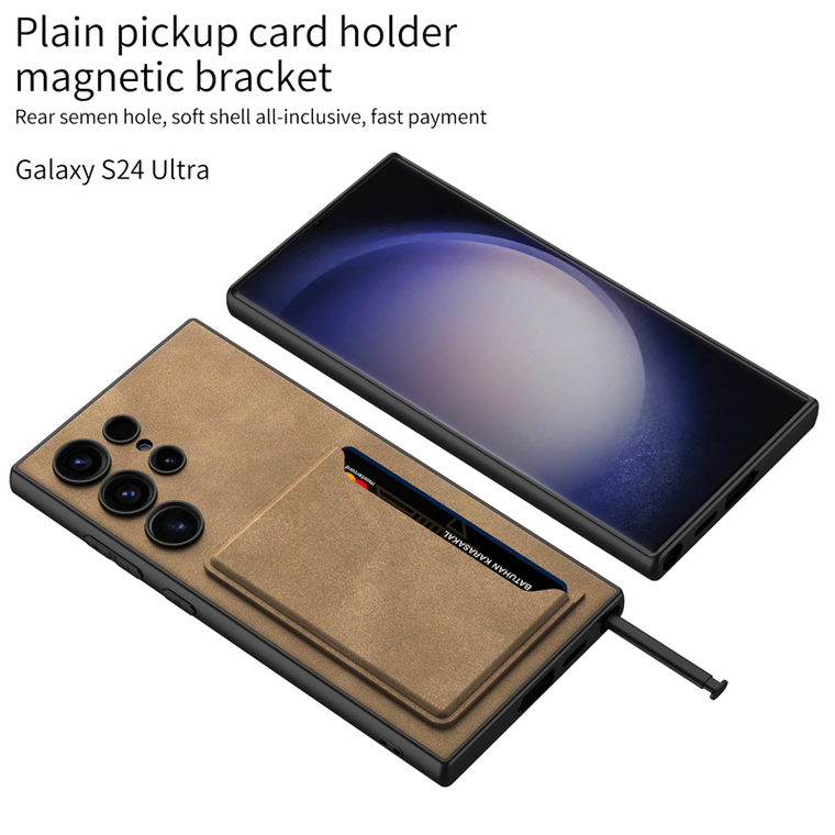 Business Synthetic Leather Card Holder Kickstand Wireless Charging Compatible S24, S24 Plus, S24 Ultra Samsung Phone Case