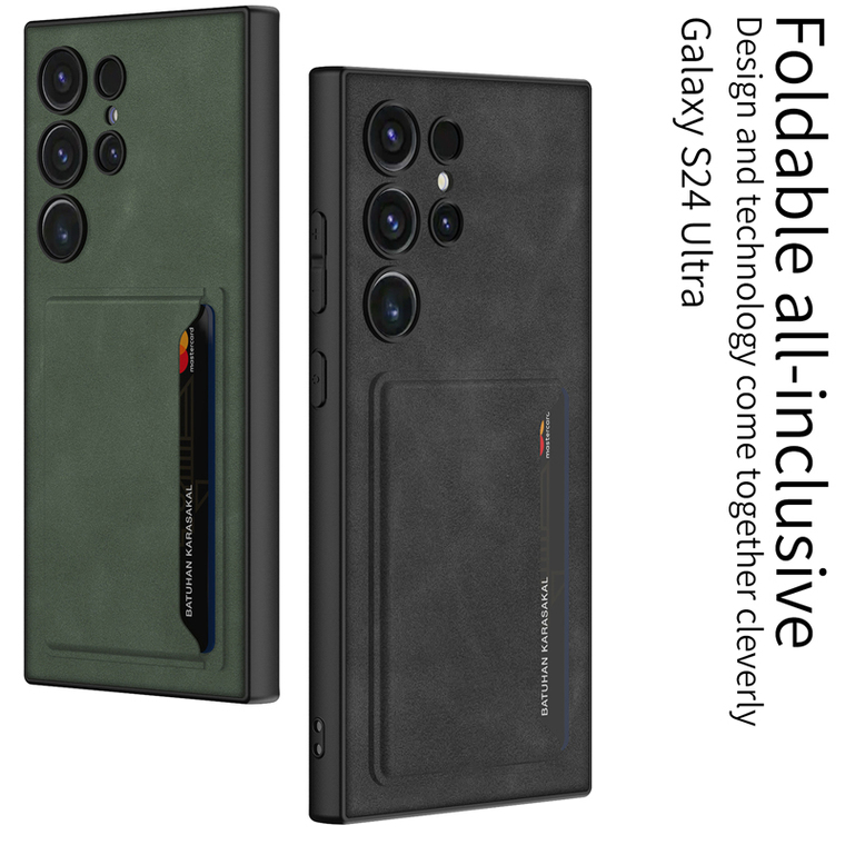 Business Synthetic Leather Card Holder Kickstand Wireless Charging Compatible S24, S24 Plus, S24 Ultra Samsung Phone Case