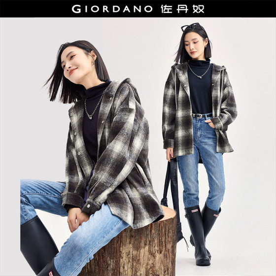 Giordano jacket women's velvet check shirt-style hooded wool coat 18374614
Giordano jacket women's velvet check shirt-style hooded wool coat 18374614