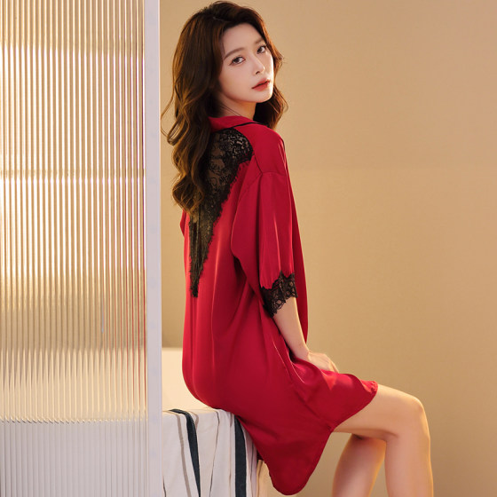 Sexy lace simulation silk nightdress plus fertilizer, increase fat sister ice silk sleeping robe female xxxl summer 200*0.5kg Sexy lace simulation silk nightdress plus fertilizer, increase fat sister ice silk sleeping robe female xxxl summer 200*0.5kg