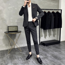 Winter Stylish Suit for Men, Korean Style Slim Fit, Short Casual Suit Jacket for Petite Men, High-End Feel, Cropped Pants Winter Stylish Suit for Men, Korean Style Slim Fit, Short Casual Suit Jacket for Petite Men, High-End Feel, Cropped Pants
