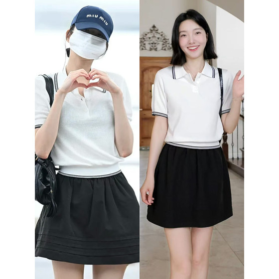 Guo Jiujiu 100% Tianshi Polo lapel sweater short-sleeved summer top versatile high-waisted pleated skirt
Guo Jiujiu 100% Tianshi Polo lapel sweater short-sleeved summer top versatile high-waisted pleated skirt