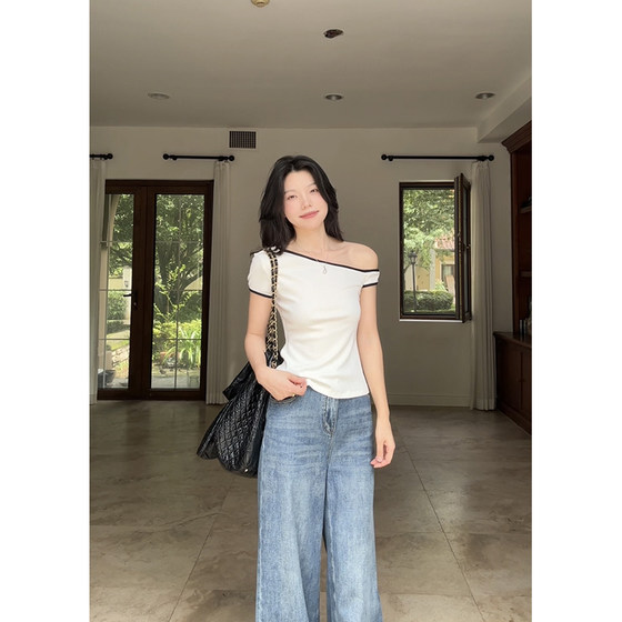 Guo Jiujiu's cotton contrasting color slim short-sleeved T-shirt summer pure blouse straight wide-leg jeans
Guo Jiujiu's cotton contrasting color slim short-sleeved T-shirt summer pure blouse straight wide-leg jeans