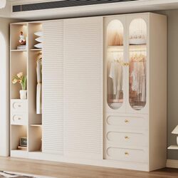 Baisiyi French-Style Cream Wardrobe New Sliding Door Home Bedroom Storage Cabinet Modern Simple Small Apartment Baisiyi French-Style Cream Wardrobe New Sliding Door Home Bedroom Storage Cabinet Modern Simple Small Apartment