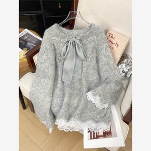 Super nice bow gray V-neck sweater for women spring plus size fat mm mid-length sweater lace hem top 
Super nice bow gray V-neck sweater for women spring plus size fat mm mid-length sweater lace hem top