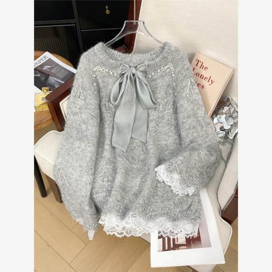 Super nice bow gray V-neck sweater for women spring plus size fat mm mid-length sweater lace hem top 
Super nice bow gray V-neck sweater for women spring plus size fat mm mid-length sweater lace hem top