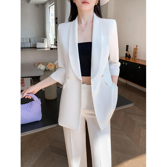 2025 new white suit set for women in spring and summer thin temperament goddess style high-end wide-leg pants small suit 2025 new white suit set for women in spring and summer thin temperament goddess style high-end wide-leg pants small suit