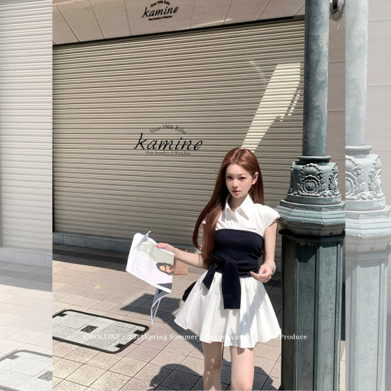 COOLLINE Lin Zixi Sydney Coast College Style Miu Department Intelligent Splicing Real Two-piece Shirt Skirt Set COOLLINE Lin Zixi Sydney Coast College Style Miu Department Intelligent Splicing Real Two-piece Shirt Skirt Set