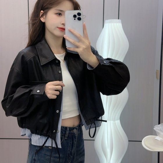 High-end fake two-piece lapel black leather jacket for women's spring and autumn large-size short jacket European-style front shoulder top
High-end fake two-piece lapel black leather jacket for women's spring and autumn large-size short jacket European-style front shoulder top