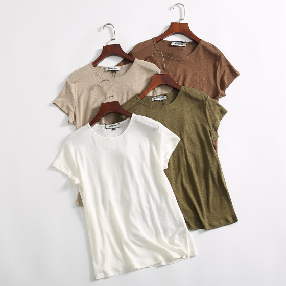 Spanish single! Spring and summer women's solid color basic thin breathable pure linen front shoulder round neck short-sleeved T-shirt Spanish single! Spring and summer women's solid color basic thin breathable pure linen front shoulder round neck short-sleeved T-shirt