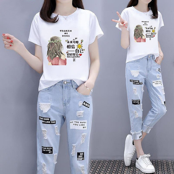Single piece/set 2025 Spring and Autumn Fashion Korean version short-sleeved T-shirt + ripped nine-point jeans two-piece set for female student Single piece/set 2025 Spring and Autumn Fashion Korean version short-sleeved T-shirt + ripped nine-point jeans two-piece set for female student