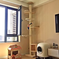 Solid Wood Cat Climbing Frame with a Pillar Reaching to the Ceiling, a Large, Space-Saving Cat House, Cat Tree, and Cat Villa All in One Solid Wood Cat Climbing Frame with a Pillar Reaching to the Ceiling, a Large, Space-Saving Cat House, Cat Tree, and Cat Villa All in One