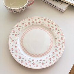 Anmu Liangpin Korea ins Fresh Pink Checkered Floral Edge Ceramic Dinner Plate Western Restaurant Dessert Salad Plate Anmu Liangpin Korea ins Fresh Pink Checkered Floral Edge Ceramic Dinner Plate Western Restaurant Dessert Salad Plate