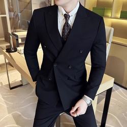 Spring and Autumn British Style Black Double-Breasted Suit Men's Suit Business Casual Wedding Dress Slim Suit Three-Piece Suit Spring and Autumn British Style Black Double-Breasted Suit Men's Suit Business Casual Wedding Dress Slim Suit Three-Piece Suit