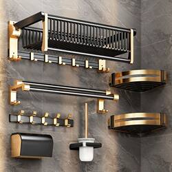 Bath towel rack without punching, bathroom storage rack, wall-mounted space aluminum powder room, royal style towel rack set combination Bath towel rack without punching, bathroom storage rack, wall-mounted space aluminum powder room, royal style towel rack set combination