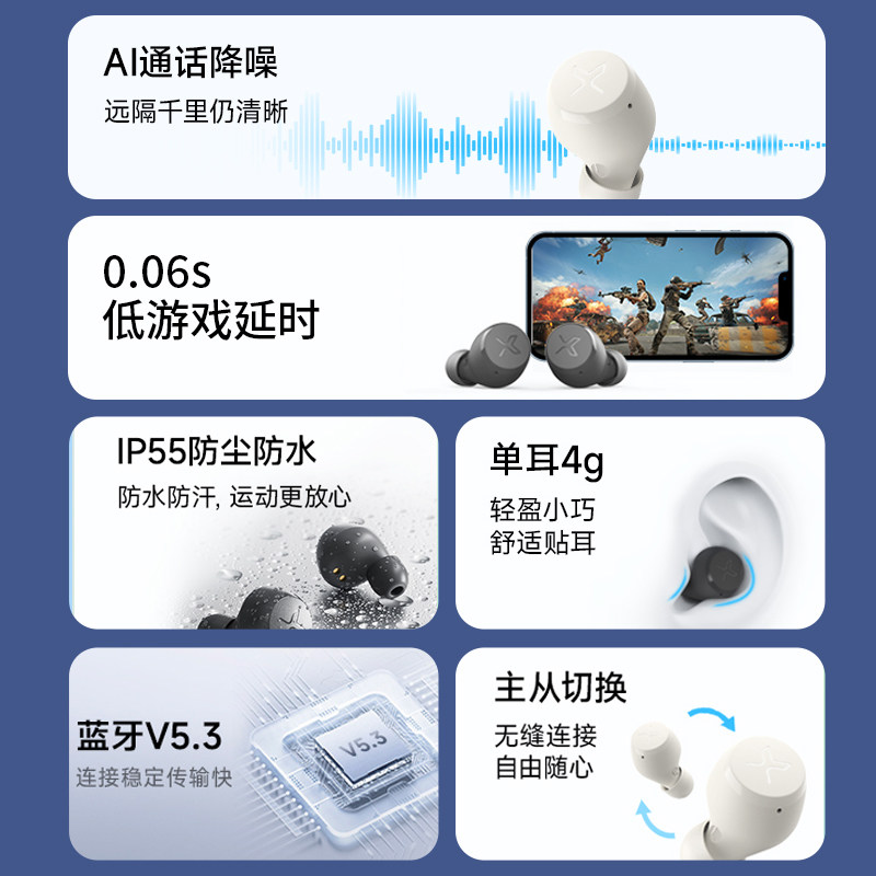 EDIFIER 진정한 무선 블루투스 헤드셋 X3 에어 인 이어 소음 감소 통화 음악 스포츠 남성용 및 여성용 방수 새 모델-