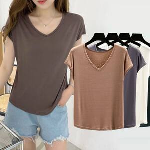 Modal short-sleeved women's v-neck T-shirt for summer thin large size outer half-sleeved top solid color loose inner base shirt 
Modal short-sleeved women's v-neck T-shirt for summer thin large size outer half-sleeved top solid color loose inner base shirt