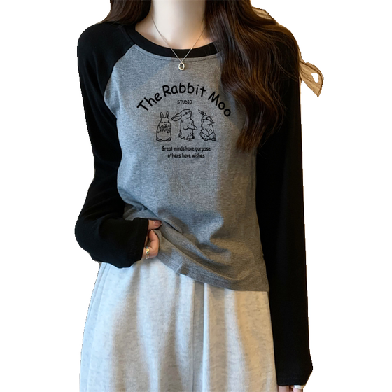 Pure cotton long-sleeved T-shirt girl spring and autumn junior high school students wear loose base shirt winter contrast top
 Pure cotton long-sleeved T-shirt girl spring and autumn junior high school students wear loose base shirt winter contrast top