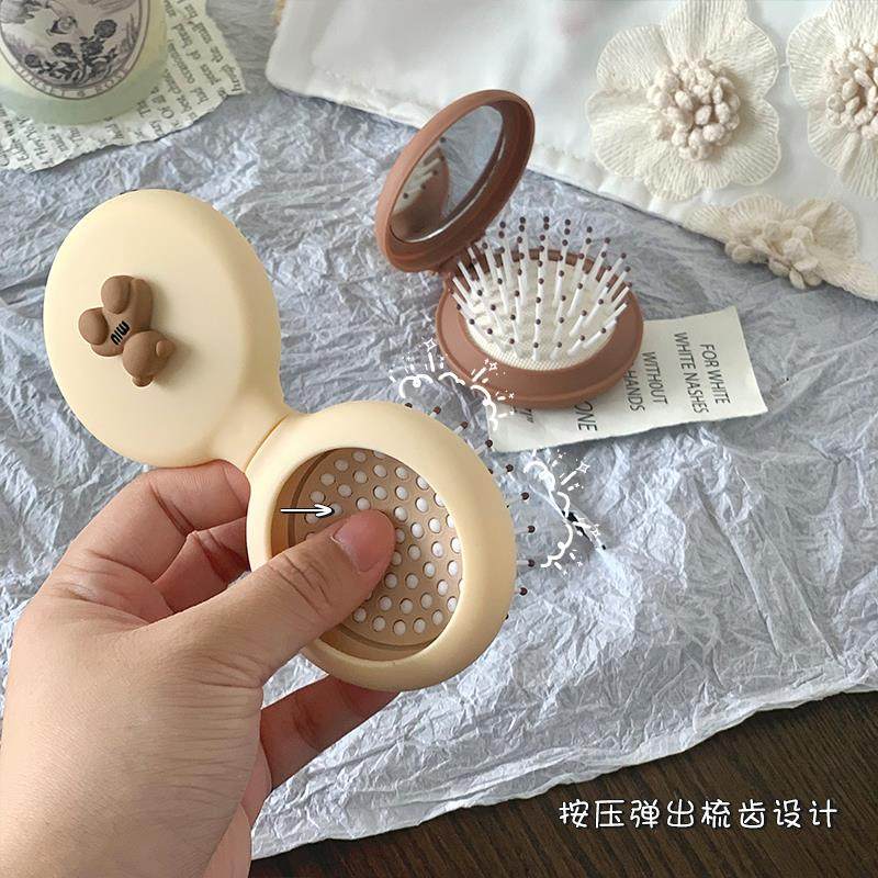 귀여운 작은 빗, 어린이와 소녀를 위한 휴대용 미니 에어쿠션 빗, 접이식 에어백 빗, 마사지 빗, 거울 일체형 -