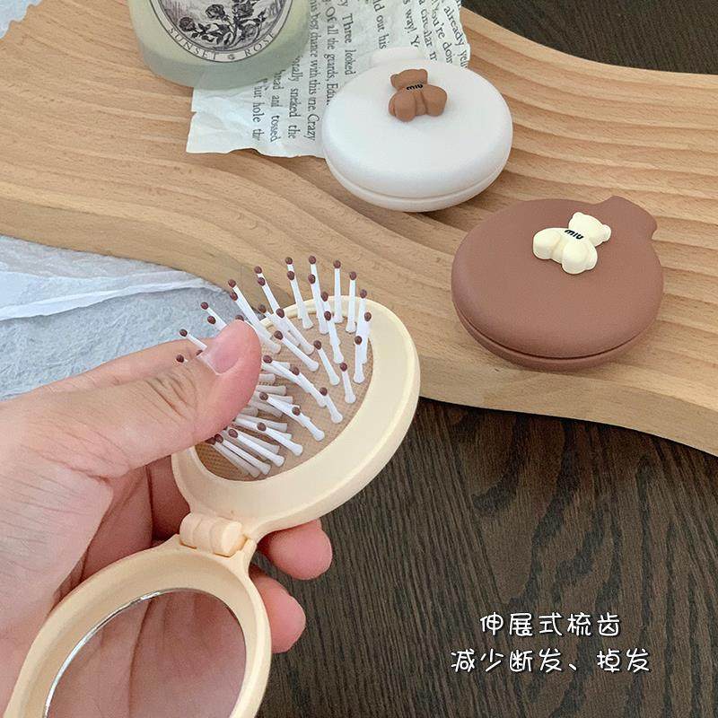 귀여운 작은 빗, 어린이와 소녀를 위한 휴대용 미니 에어쿠션 빗, 접이식 에어백 빗, 마사지 빗, 거울 일체형 -