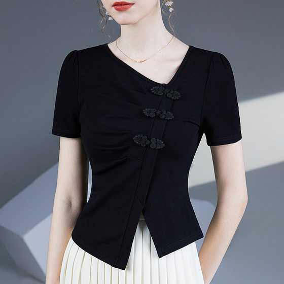 Light Chinese style new Chinese style outfit slanted V-neck T-shirt for women short-sleeved summer chic waist-closed shirt irregular button top
Light Chinese style new Chinese style outfit slanted V-neck T-shirt for women short-sleeved summer chic waist-closed shirt irregular button top