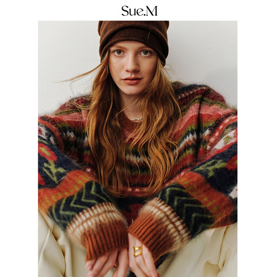 Sue.M multi-color heavy jacquard retro Fair Isle 25 autumn and winter wool cashmere brushed pullover round neck sweater for women 
Sue.M multi-color heavy jacquard retro Fair Isle 25 autumn and winter wool cashmere brushed pullover round neck sweater for women