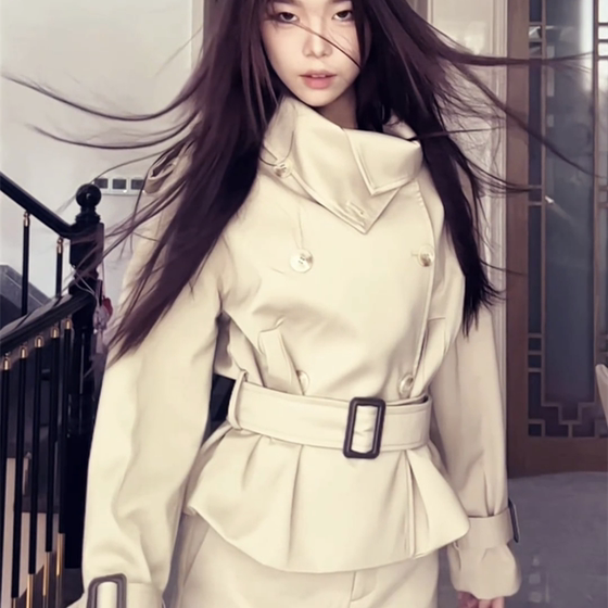 British style khaki lapel short windbreaker jacket for women's autumn and winter new style high-end temperament lace-up waistcoat British style khaki lapel short windbreaker jacket for women's autumn and winter new style high-end temperament lace-up waistcoat