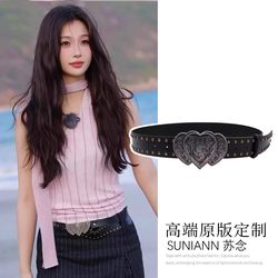 Yu Shuxin's Same Style Retro Distressed Heart Buckle Wide Belt for Women, Spicy Girl Personality Punk Belt, Jeans Accessories Yu Shuxin's Same Style Retro Distressed Heart Buckle Wide Belt for Women, Spicy Girl Personality Punk Belt, Jeans Accessories