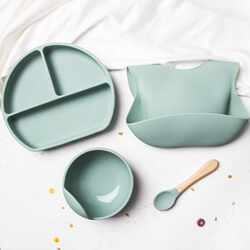 New direct selling baby silicone feeding set baby portable bib child training spoon suction cup bowl anti-fall complementary food New direct selling baby silicone feeding set baby portable bib child training spoon suction cup bowl anti-fall complementary food