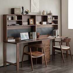 North American black walnut double desk and bookshelf integrated Nordic modern simple all-solid wood computer study desk combination North American black walnut double desk and bookshelf integrated Nordic modern simple all-solid wood computer study desk combination