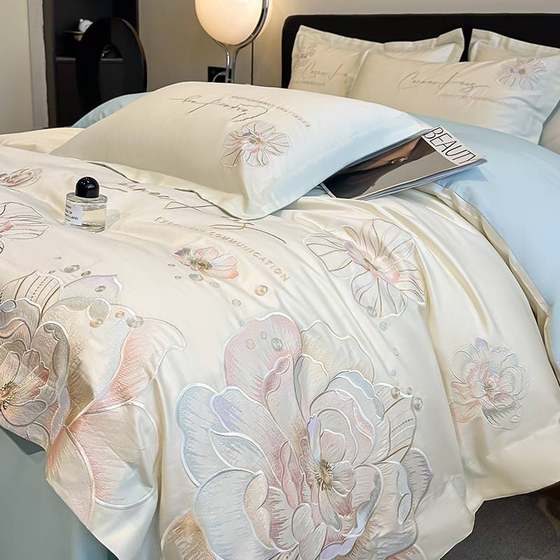 Maternal and infant grade solid color washed cotton four-piece set embroidered quilt cover sheet three-piece set fitted sheet light luxury bedding 
Maternal and infant grade solid color washed cotton four-piece set embroidered quilt cover sheet three-piece set fitted sheet light luxury bedding