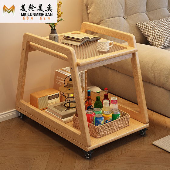 Nordic rubber wood sofa side table with wheels movable corner table glass side cabinet corner cabinet small cart storage tea table Nordic rubber wood sofa side table with wheels movable corner table glass side cabinet corner cabinet small cart storage tea table