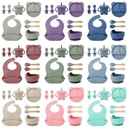 Mother and baby feeding tableware set Learn to eat training fork spoon baby meal plate bib supplement suction cup bowl set Mother and baby feeding tableware set Learn to eat training fork spoon baby meal plate bib supplement suction cup bowl set