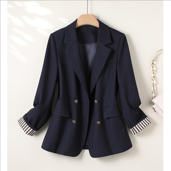 Navy blue small suit jacket for women 2025 spring and autumn new retro striped contrasting color design sense light temperament suit Navy blue small suit jacket for women 2025 spring and autumn new retro striped contrasting color design sense light temperament suit