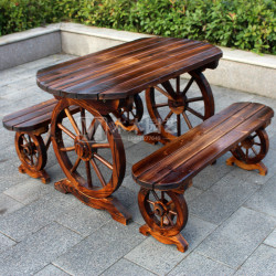 Carbonized solid wood courtyard balcony wheel table and stool tea house coffee table and chair pastoral garden coffee table three-piece set Carbonized solid wood courtyard balcony wheel table and stool tea house coffee table and chair pastoral garden coffee table three-piece set