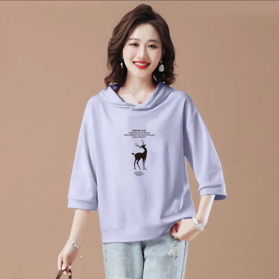 Foreign trade export brands clearance 100% pure cotton 70% sleeve printed hooded T-shirt for women versatile slim T-shirt top Foreign trade export brands clearance 100% pure cotton 70% sleeve printed hooded T-shirt for women versatile slim T-shirt top