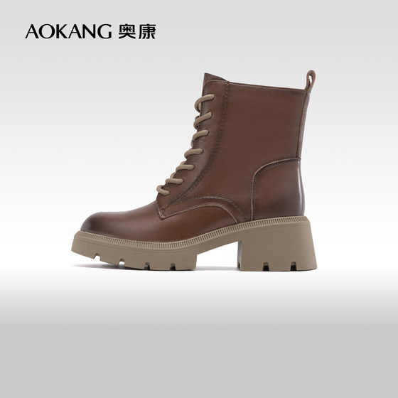 Women's shoes 2025 winter new genuine leather thick sole mid-heel plus fleece fashion versatile Martin boots fashion boots Women's shoes 2025 winter new genuine leather thick sole mid-heel plus fleece fashion versatile Martin boots fashion boots