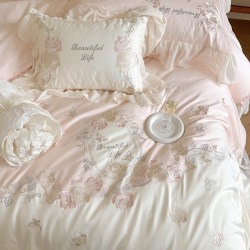 Girly Pure Cotton 100-Count Double-Strand Long-Staple Cotton Four-Piece Set with Romantic Floral Embroidery Duvet Cover, All-Cotton Bedding Girly Pure Cotton 100-Count Double-Strand Long-Staple Cotton Four-Piece Set with Romantic Floral Embroidery Duvet Cover, All-Cotton Bedding