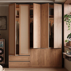 Vintage-Style Walnut-Colored High-End Rattan Door Wardrobe with Handleless Design, One-Door-To-Ceiling Segmented Large Closet Storage Cabinet Vintage-Style Walnut-Colored High-End Rattan Door Wardrobe with Handleless Design, One-Door-To-Ceiling Segmented Large Closet Storage Cabinet