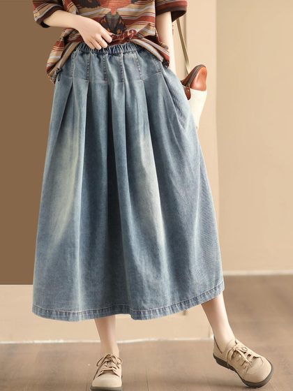 Summer new fashion pinching folds, loose waist tight waist cotton denim skirts, women's thin girl medium long A -line skirt loose Summer new fashion pinching folds, loose waist tight waist cotton denim skirts, women's thin girl medium long A -line skirt loose