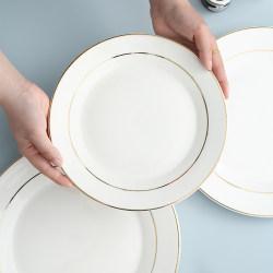 Steak Plate with Gold Rim, Ceramic Round Western-Style Home Dish Plate, Shallow Plate, Flat Plate, Western-Style Tableware, Creative Steak Plate with Gold Rim, Ceramic Round Western-Style Home Dish Plate, Shallow Plate, Flat Plate, Western-Style Tableware, Creative