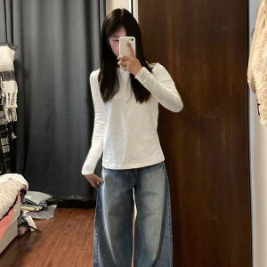 Right shoulder pure cotton round neck long-sleeved T-shirt for women, spring and autumn basic style inner short bottoming shirt, slim and versatile tops 
Right shoulder pure cotton round neck long-sleeved T-shirt for women, spring and autumn basic style inner short bottoming shirt, slim and versatile tops