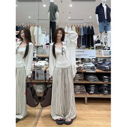 Large size fat mm loose lazy style long-sleeved sun protection shirt women's half open collar vest striped wide leg pants casual suit Large size fat mm loose lazy style long-sleeved sun protection shirt women's half open collar vest striped wide leg pants casual suit