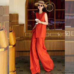 Hong Kong light mature style, old money style, high-end, super popular summer wear, orange vest, wide leg pants two-piece suit for women Hong Kong light mature style, old money style, high-end, super popular summer wear, orange vest, wide leg pants two-piece suit for women