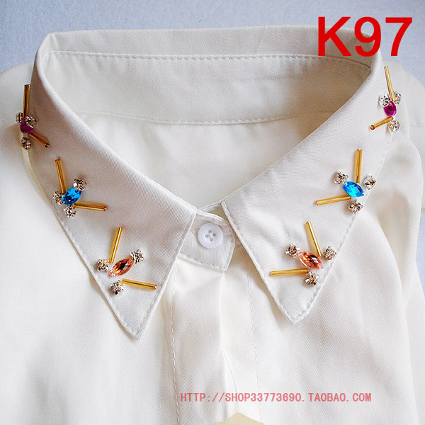 韩版新款钉珠长袖女装衬衣 水钻领子ol带钻打底白色雪纺衬衫 翻领
