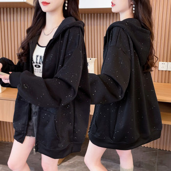 Large size women's fat mm shiny zipper thin sweatshirt for women in autumn and winter new Korean loose star jacket
 Large size women's fat mm shiny zipper thin sweatshirt for women in autumn and winter new Korean loose star jacket
