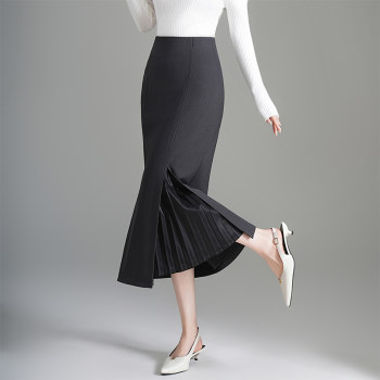 Gray suit skirt for women 2025 autumn new high waist straight slit medium length spliced pleated hip skirt Gray suit skirt for women 2025 autumn new high waist straight slit medium length spliced pleated hip skirt