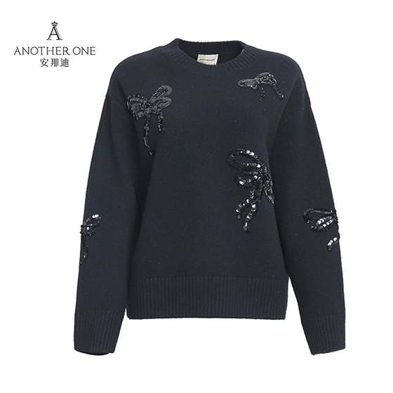 ANOTHER ONE Anadi Sequin Decorative Bow Sweater Women's Round Neck Pullover Warm Comfort Top ANOTHER ONE Anadi Sequin Decorative Bow Sweater Women's Round Neck Pullover Warm Comfort Top