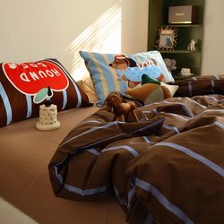ins Cartoon Cotton Quilt Cover Four-Piece Set Striped Simple Pure Cotton Quilt Cover 1.8m Bed Sheet Fitted Sheet Artistic Three-Piece Set ins Cartoon Cotton Quilt Cover Four-Piece Set Striped Simple Pure Cotton Quilt Cover 1.8m Bed Sheet Fitted Sheet Artistic Three-Piece Set