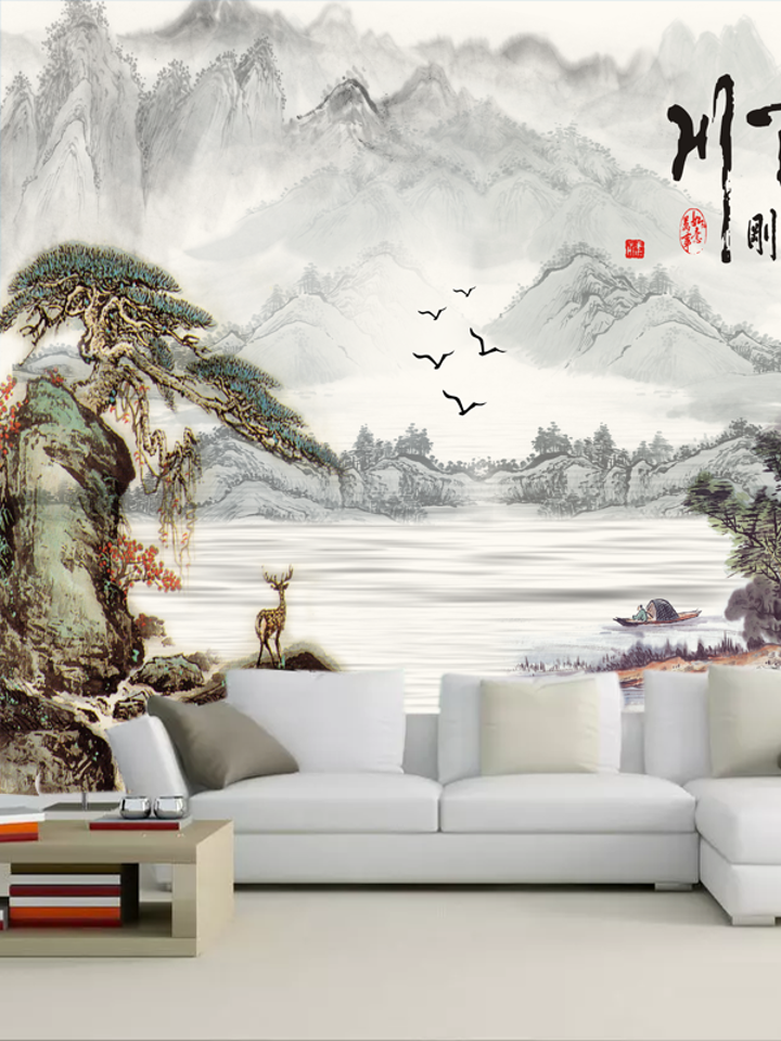海纳百川电视背景墙自粘墙贴山水图墙纸画 海纳百川电视背景墙自粘墙贴山水图墙纸画
